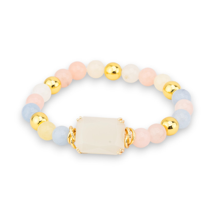 Ελαστικό βραχιόλι από ημιπολύτιμους λίθους 08mm με αιματίτη και κεντρικό κρύσταλλο Cabochon 15x20mm Πολύχρωμο