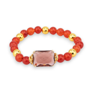 Bracciale Elastico Di Pietra Dure  8mm Con Ematite E Centrale Cabochon Di Cristallo 15x20mm Rosso + Viola