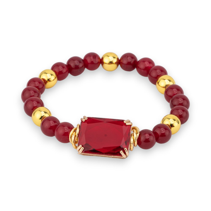 Ελαστικό βραχιόλι από ημιπολύτιμους λίθους 08mm με αιματίτη και Central Crystal Cabochon 15x20mm Σκούρο Κόκκινο