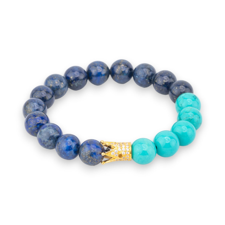 Bracelet Élastique de Pierres Semi-précieuses de 10mm avec Centre Bronze avec Lapis Lazuli et Turquoise