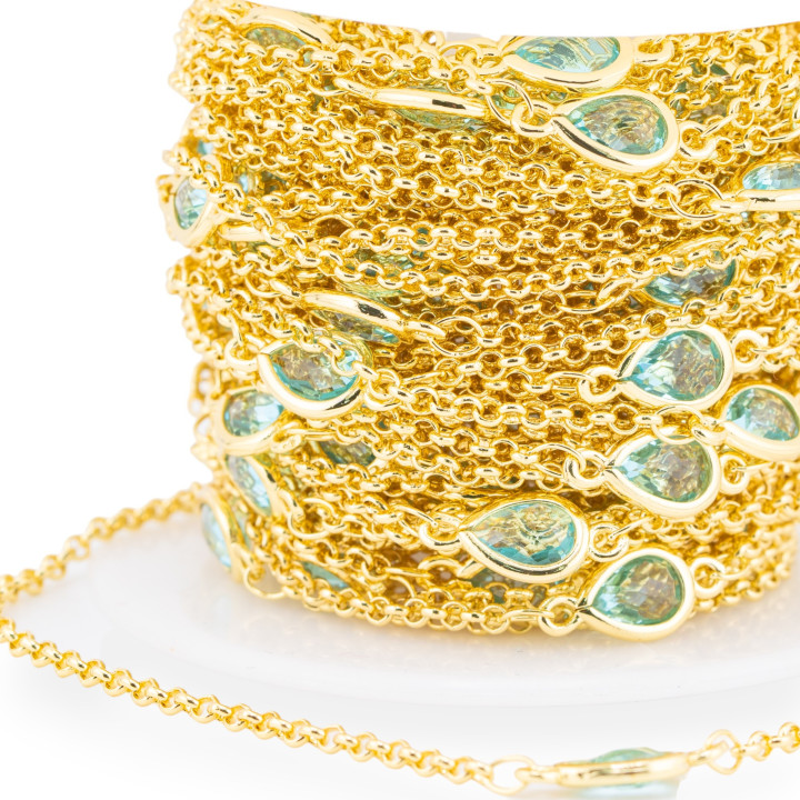 Μπρούτζινο Ροζάριο Αλυσίδα με Cat's Eye Cabochon Drop 6x8mm και Rolo Chain 10m Aqua