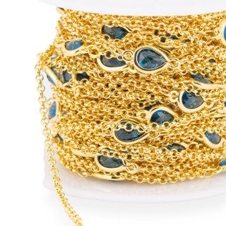 Chaîne chapelet en laiton avec cabochon goutte oeil de chat 6x8mm et chaîne Rolo 10m bleu saphir