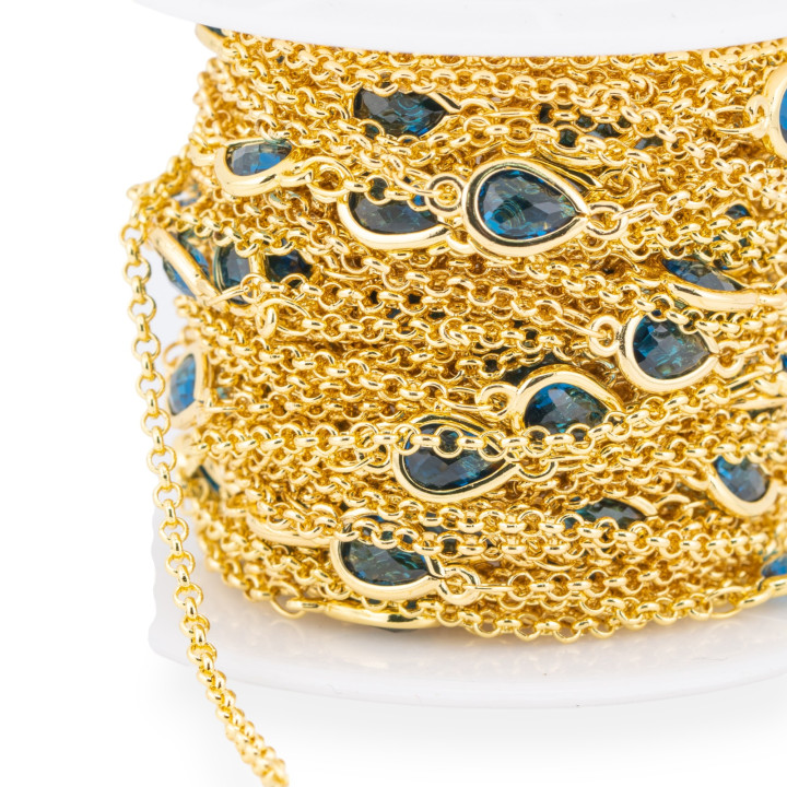 Brass Rosary Chain With Cat's Eye Drop Cabochon 6x8mm And Rolo Chain 10m Sapphire Blue