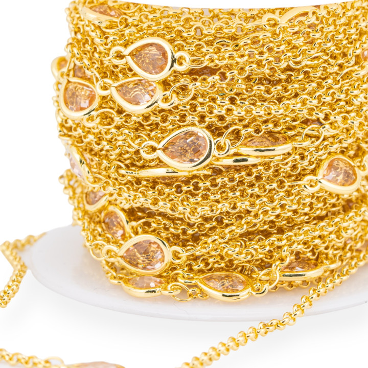 Brass Rosary Chain With Cat's Eye Cabochon Drop 6x8mm And Rolo Chain 10m Campagne