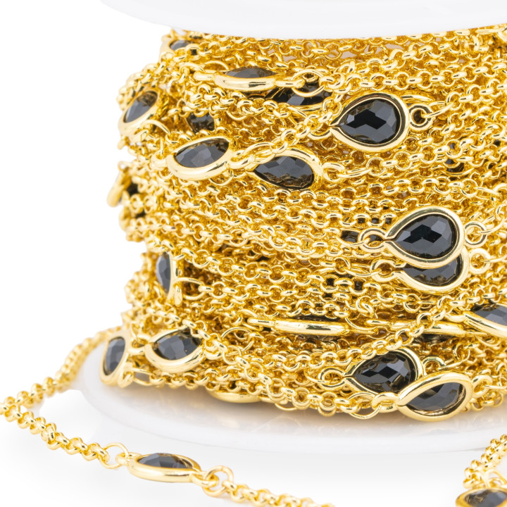 Μπρούτζινο Ροζάριο Αλυσίδα με Cat's Eye Cabochon Drop 6x8mm και Rolo Chain 10m Μαύρη