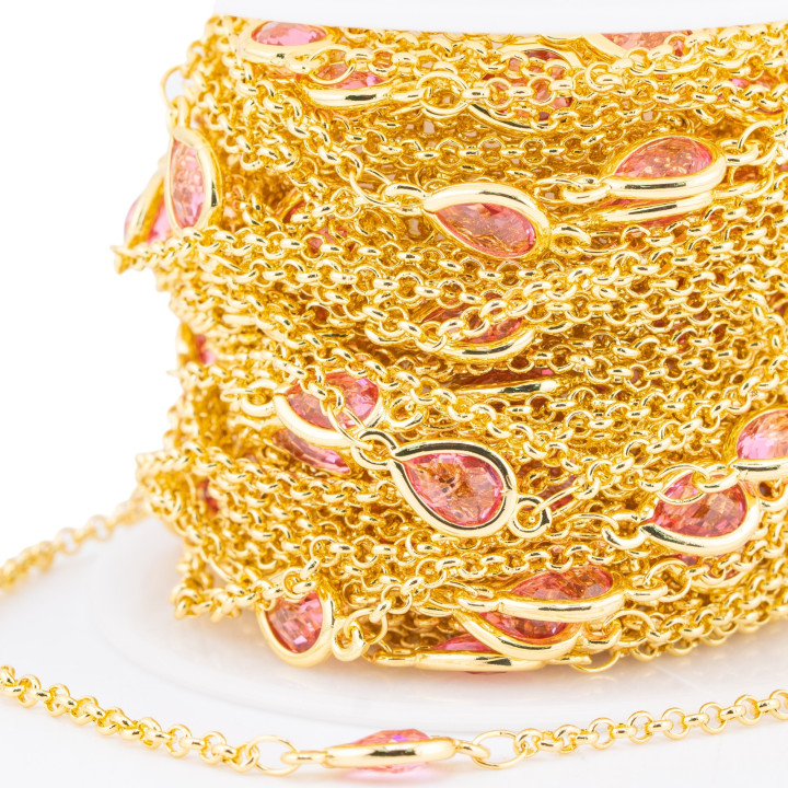 Cadena De Rosario De Latón Con Cabujón Ojo De Gato 6x8mm Y Cadena Rolo 10m Rosa