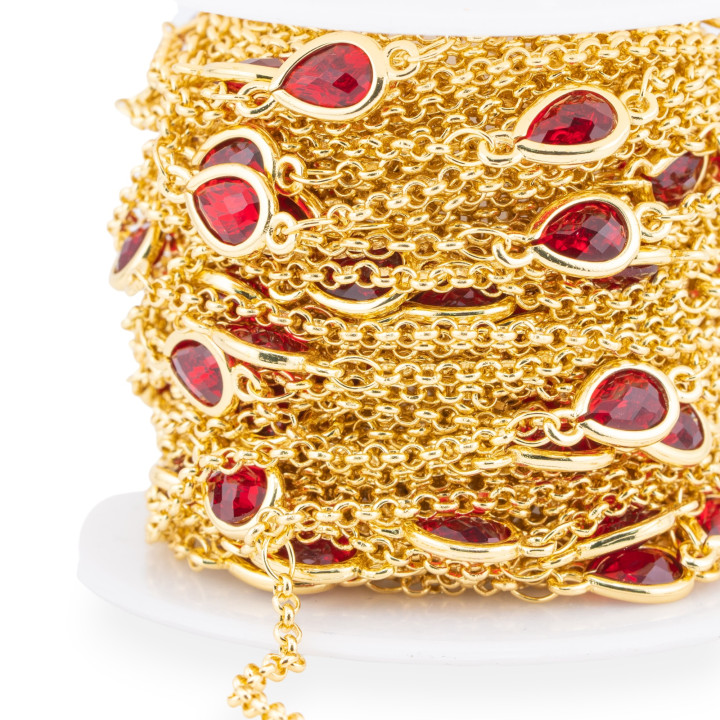 Chaîne chapelet en laiton avec cabochon oeil de chat goutte 6x8mm et chaîne Rolo 10m rouge