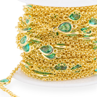 Chaîne chapelet en laiton avec cabochon oeil de chat goutte 6x8mm et chaîne Rolo 10m vert clair