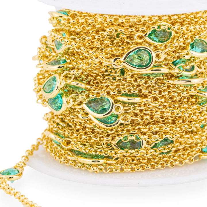 Chaîne chapelet en laiton avec cabochon oeil de chat goutte 6x8mm et chaîne Rolo 10m vert clair