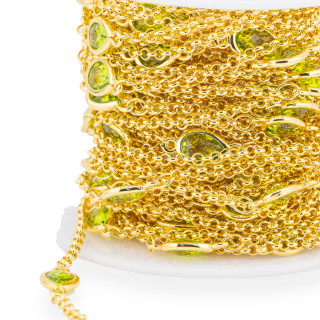 Cadena De Rosario De Latón Con Cabujón Gota De Gato 6x8mm Y Cadena Rolo 10m Verde Peridoto