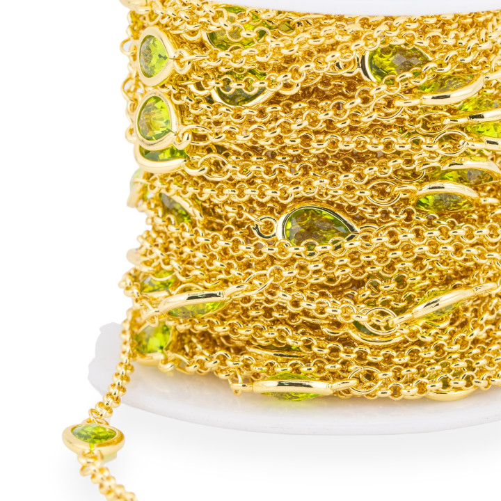 Brass Rosary Chain With Cat's Eye Drop Cabochon 6x8mm And Rolo Chain 10m Peridot Green