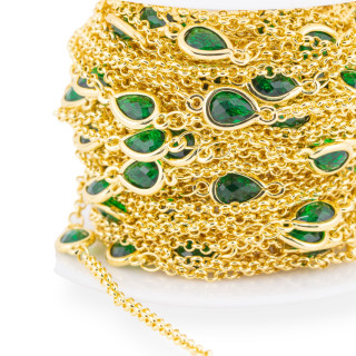 Μπρούτζινο Ροζάριο Αλυσίδα με Cat's Eye Cabochon Drop 6x8mm και Rolo Chain 10m Emerald Green