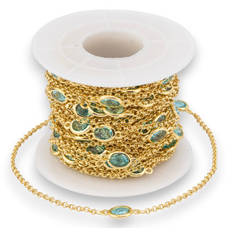 Messing-Rosenkranzkette mit ovalem Katzenauge-Cabochon 6x8mm und Rolo-Kette 10m Aqua
