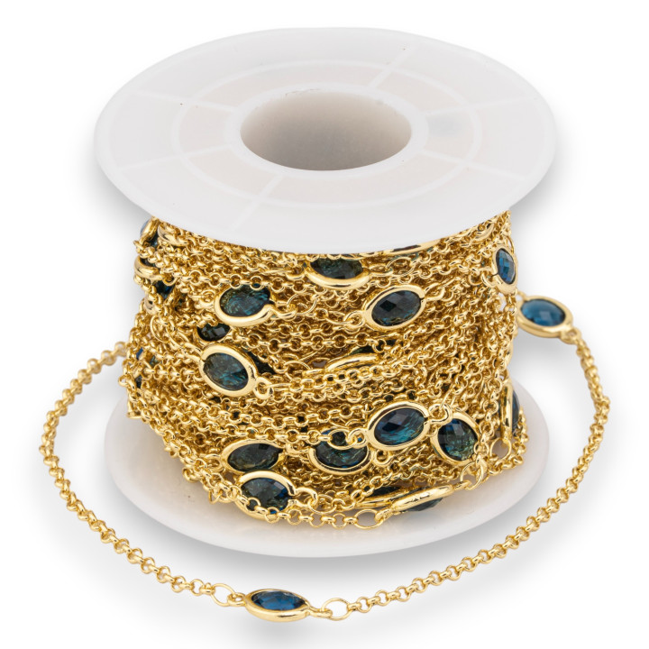 Chaîne chapelet en laiton avec cabochon ovale oeil de chat 6x8mm et chaîne Rolo 10m bleu saphir