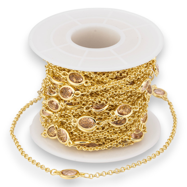 Messing-Rosenkranzkette mit ovalem Katzenauge-Cabochon 6x8mm und Rolo-Kette 10m Champagner