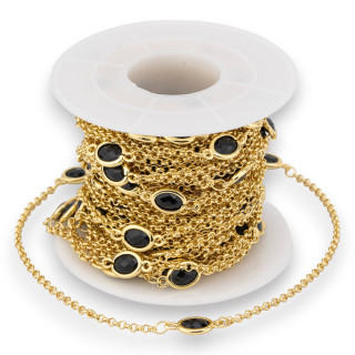 Chaîne chapelet en laiton avec cabochon ovale oeil de chat 6x8mm et chaîne Rolo 10m noir