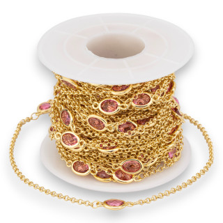 Cadena Rosario De Latón Con Cabujón Ovalado Ojo De Gato 6x8mm Y Cadena Rolo 10m Rosa