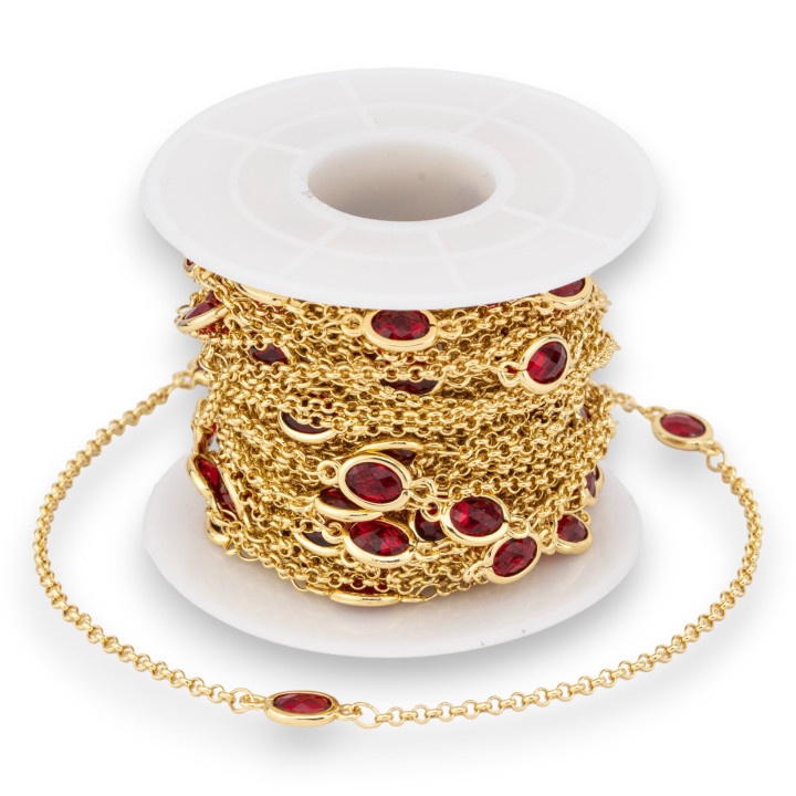 Cadena De Rosario De Latón Con Cabujón Ovalado Ojo De Gato 6x8mm Y Cadena Rolo 10m Rojo Rubí