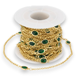 Chaîne chapelet en laiton avec cabochon ovale oeil de chat 6x8mm et chaîne Rolo 10m vert émeraude