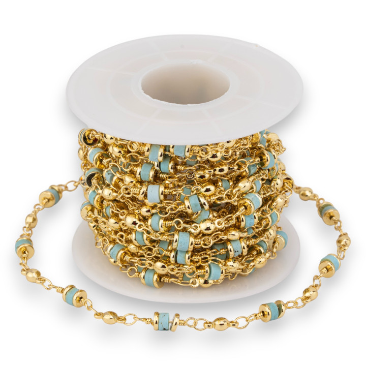 Ορειχάλκινη Αλυσίδα Ροζάριο Με Ημιπολύτιμες Πέτρες Rondelle 5mm 5 Μέτρα Ανοιχτό Τυρκουάζ