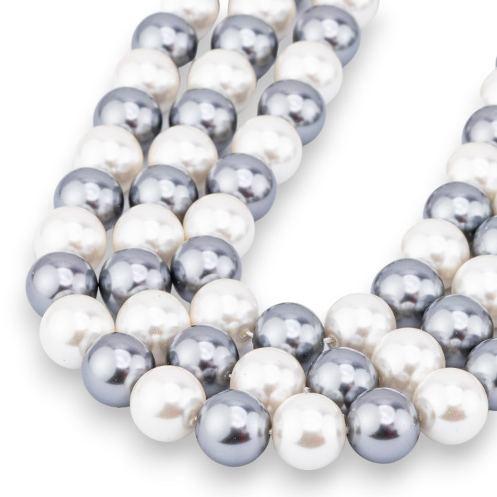 Perles de Majorque Blanches et Gris Argentées Rondes Lisse 10mm