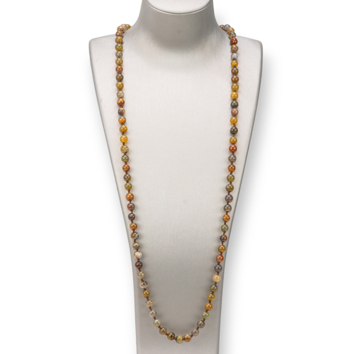 Collana Bijoux Charlestone Di Pietre Dure  8mm Annodate 120cm Agata Crash Marrone Mix