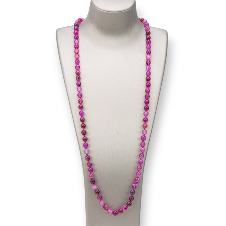 Collier Charleston De Pierres Semi-précieuses 08mm Nouée 120cm Agate Fuchsia Rayée