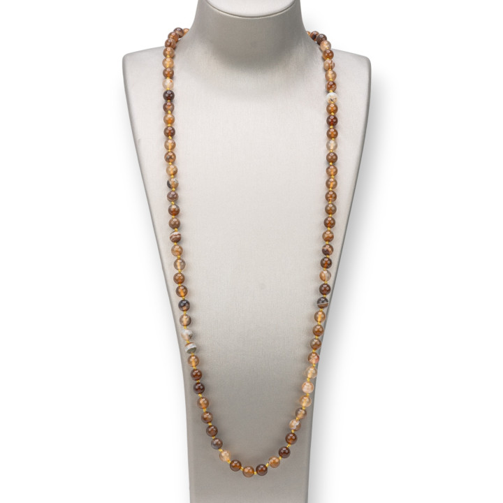 Collana Bijoux Charlestone Di Pietre Dure  8mm Annodate 120cm Agata Marrone Striata