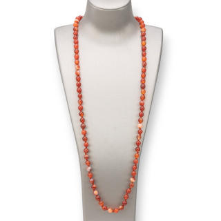 Collana Bijoux Charlestone Di Pietre Dure  8mm Annodate 120cm Corniola Rossa Striata