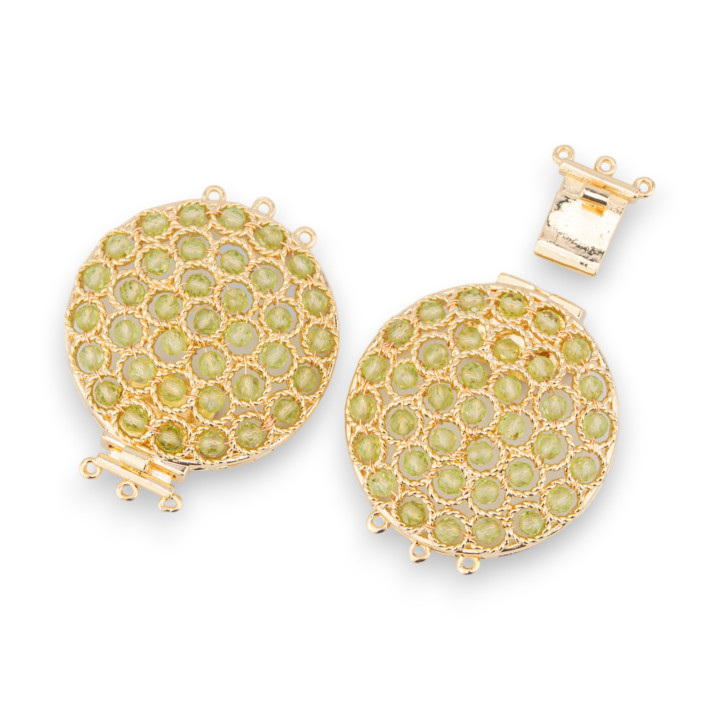 Chiusura Di Bronzo Con Perline Ammagliate Su Filigrana 30x40mm A 3 File 2pz Dorato Cristallo Peridot