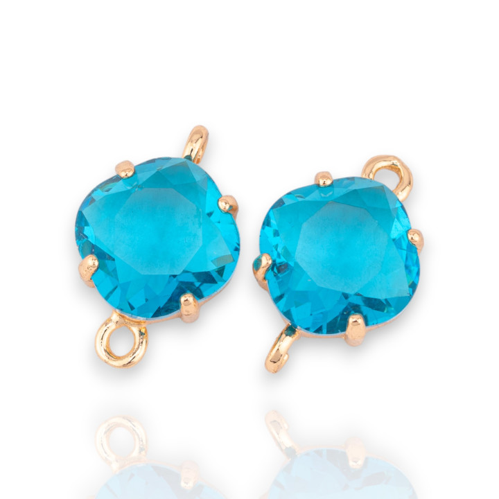 Bronze Connector Component With CZ Crystals Faceted Rhombus 11mm 18pcs With 2 Light Blue Golden Rings