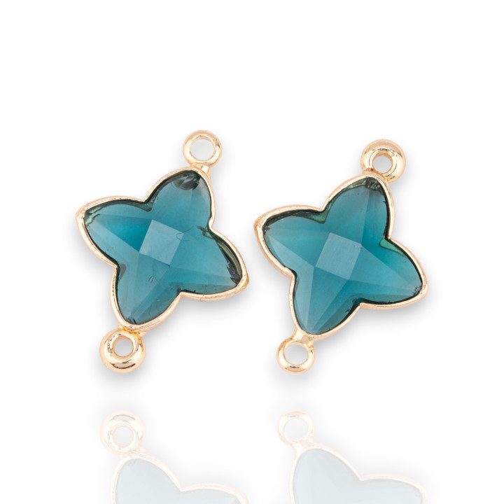 Bronze Connector Component With CZ Crystals 4-Pointed Star Faceted 14x20mm 24pcs With 2 Golden Teal Rings