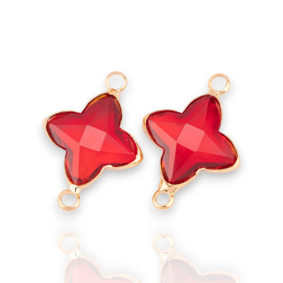 Componente conector de bronce con cristales CZ Estrella de 4 puntas facetada 14x20 mm 24 piezas con 2 anillos dorados rojos