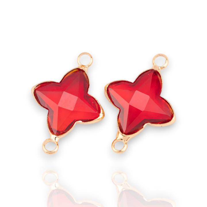 Componente conector de bronce con cristales CZ Estrella de 4 puntas facetada 14x20 mm 24 piezas con 2 anillos dorados rojos