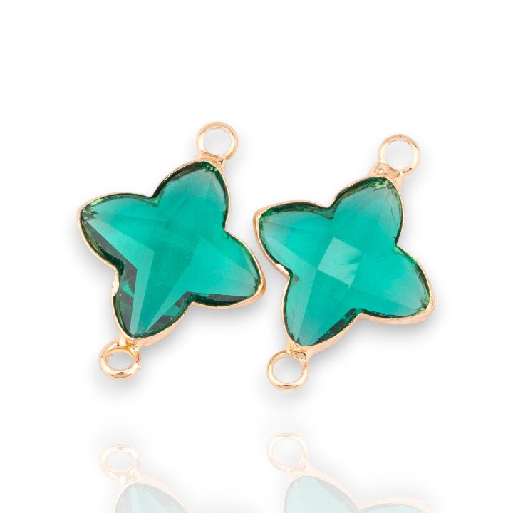 Bronze Connector Component With CZ Crystals 4-Pointed Star Faceted 14x20mm 24pcs With 2 Green Golden Rings