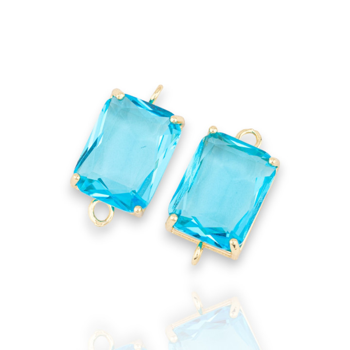 Bronze-Zwischenkomponente mit CZ-Kristallen, facettiertes Rechteck, 12 x 16 mm, 8 Stück, goldenes Hellblau