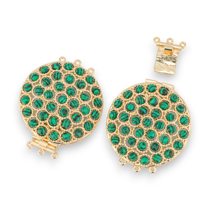 Fermoir Bronze Avec Perles Reliées Sur Filigrane 30x40mm 3 Rangs 2pcs Pâte Malachite Dorée