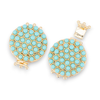 Bronze Clasp With Beads Linked On Filigree 30x40mm 3 Rows 2pcs Golden Turquoise Paste