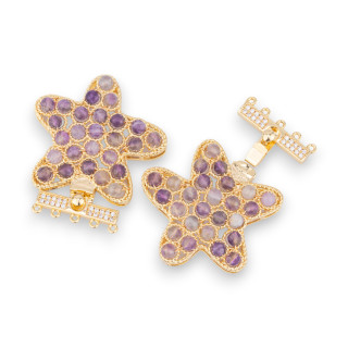 Bronzeverschluss mit Perlen auf filigranem Seestern, 33 x 37 mm, 5 Reihen, 2 Stück, goldener Amethyst