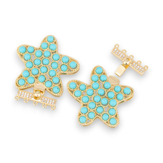 Fermoir Bronze Avec Perles Reliées Sur Étoile De Mer Filigrane 33x37mm En 5 Rangs 2pcs Pâte Turquoise Dorée