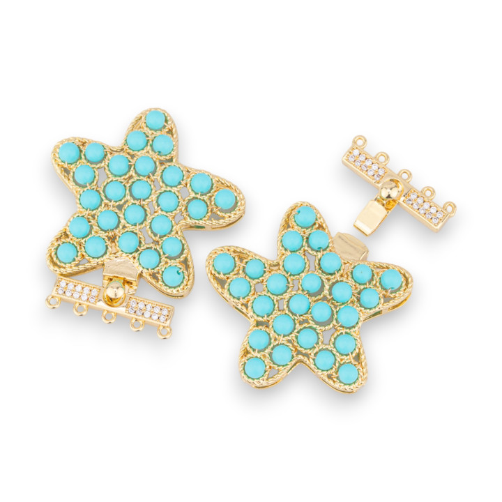 Bronze Clasp With Beads Linked On Filigree Starfish 33x37mm In 5 Rows 2pcs Golden Turquoise Paste