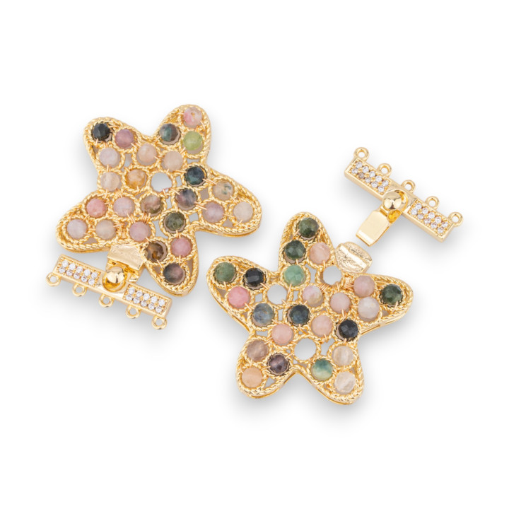 Fermoir Bronze Avec Perles Reliées Sur Étoile De Mer Filigrane 33x37mm En 5 Rangs 2pcs Tourmaline Dorée