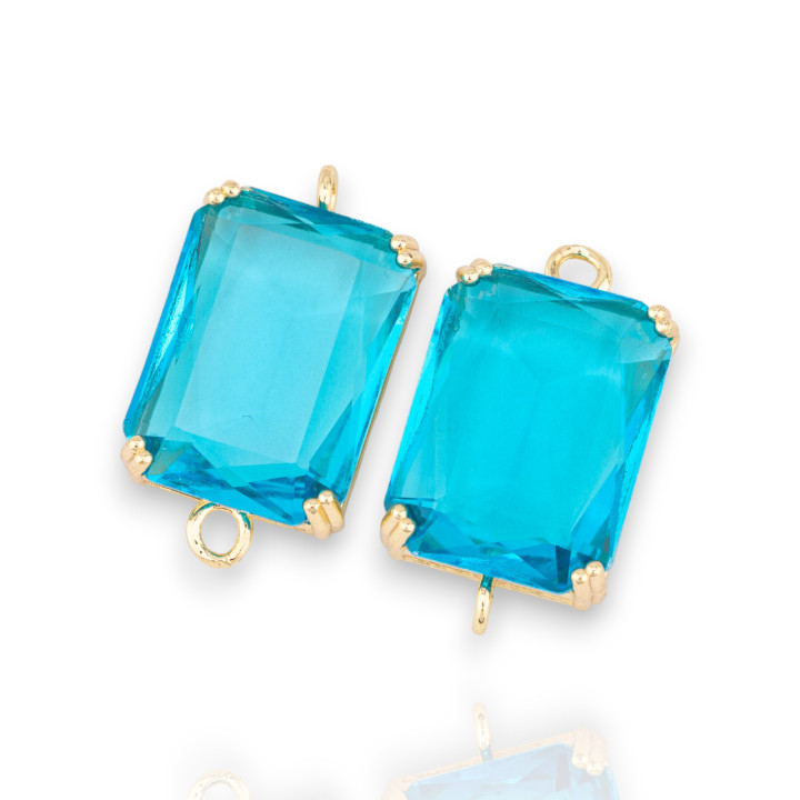 Componente intermedio de bronce con cristales CZ Rectángulo facetado 15x20 mm 6 piezas Azul claro dorado