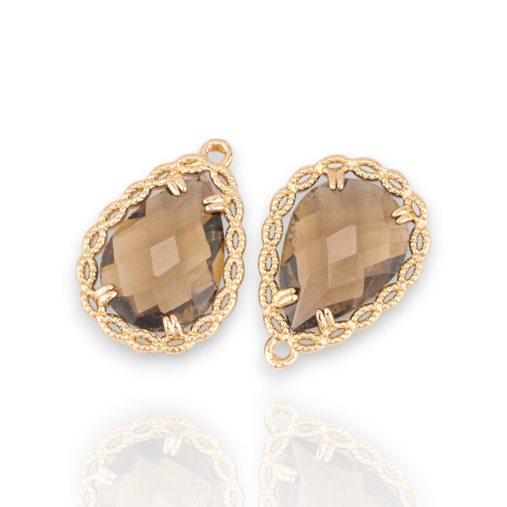 Bronze-Anhängerkomponente mit facettierten tropfenförmigen CZ-Kristallen, 14 x 19 mm, 18 Stück, mit 1 geräucherten goldenen Ring