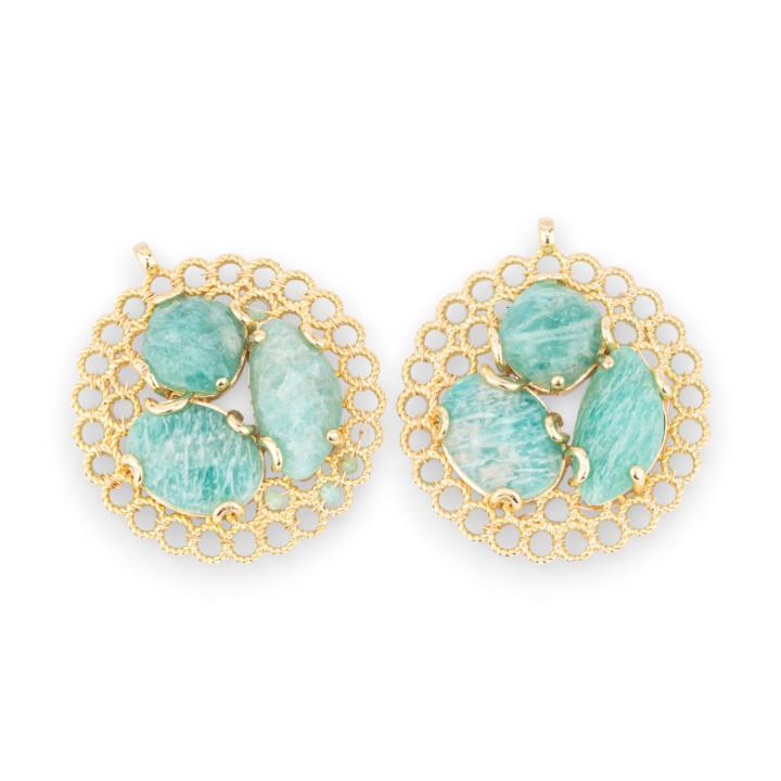 Bronze Pendant Component With Semi-precious Stones And Crystals Engaged On Filigree 35x38mm 2pcs Golden Amazonite