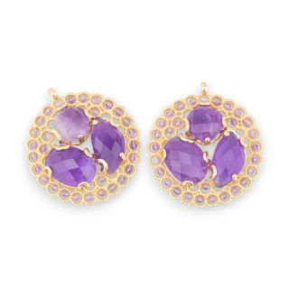 Bronze Pendant Component With Semiprecious Stones And Crystals Engaged On Filigree 35x38mm 2pcs Golden Amethyst