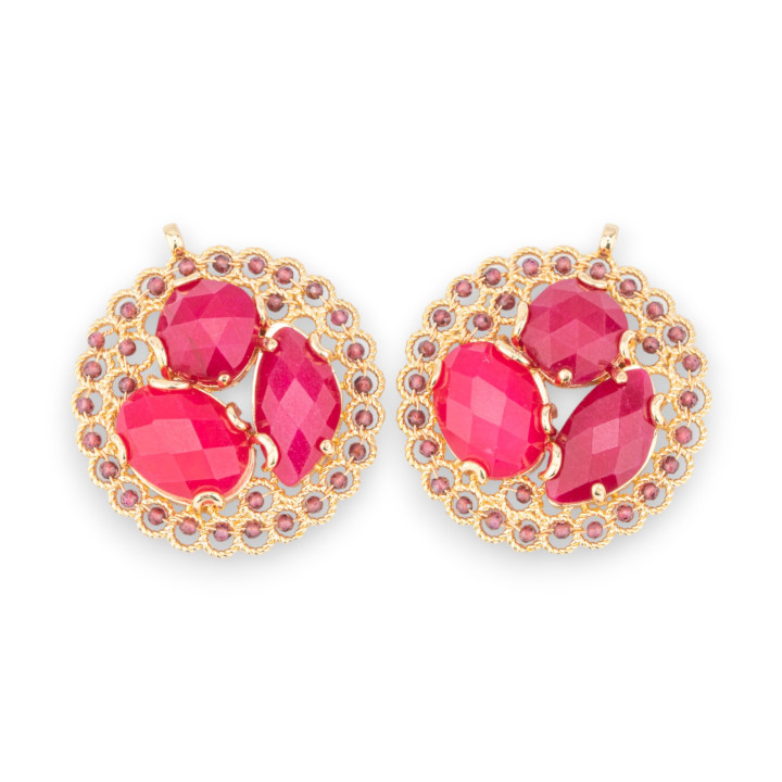 Bronze Pendant Component With Semi-precious Stones And Crystals Engaged On Filigree 35x38mm 2pcs Golden Red Jade