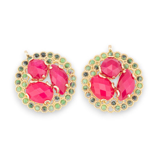 Bronze-Anhängerkomponente mit Halbedelsteinen und Kristallen auf filigraner, 35 x 38 mm großer, 2 Stück goldener roter Jade