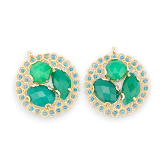 Bronze Pendant Component With Semi-precious Stones And Crystals Engaged On Filigree 35x38mm 2pcs Golden Green Jade