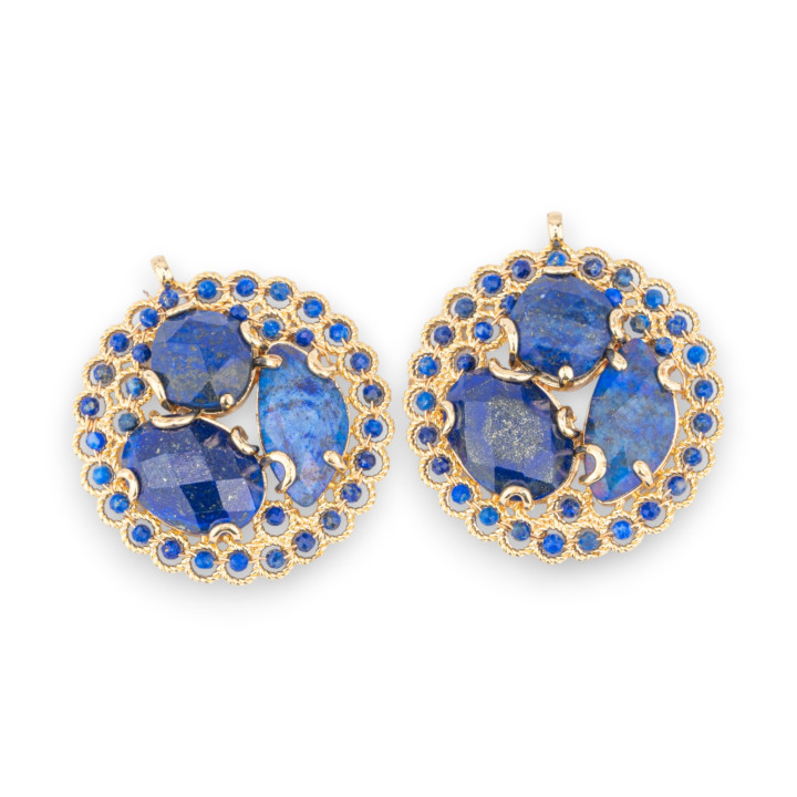 Bronze Pendant Component With Semi-precious Stones And Crystals Engaged On Filigree 35x38mm 2pcs Golden Lapis Lazuli